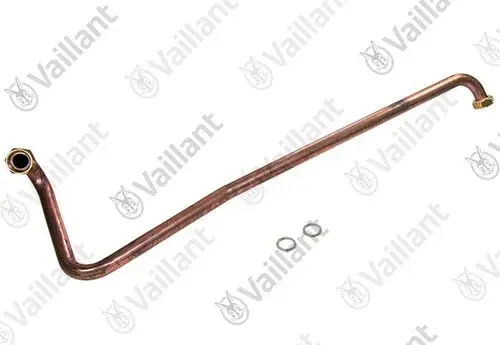 Kupferrohr von Vaillant für den WW-Ausgang eines Speichers, gekrümmte Form mit zwei Anschlüssen. Zwei Dichtungsringe im Bild.